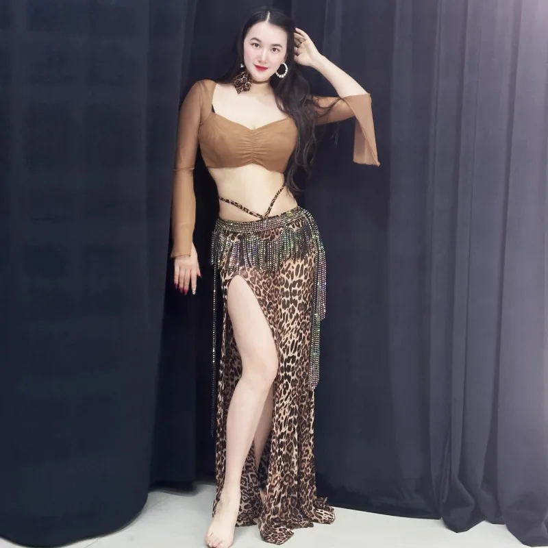 Customized Belly Dance Costumes Set Performance Dress Sexy Temperament Practice Dress Leopard Pattern Tassel Belly Dancewear - Image 2
