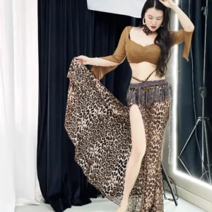 Customized Belly Dance Costumes Set Performance Dress Sexy Temperament Practice Dress Leopard Pattern Tassel Belly Dancewear