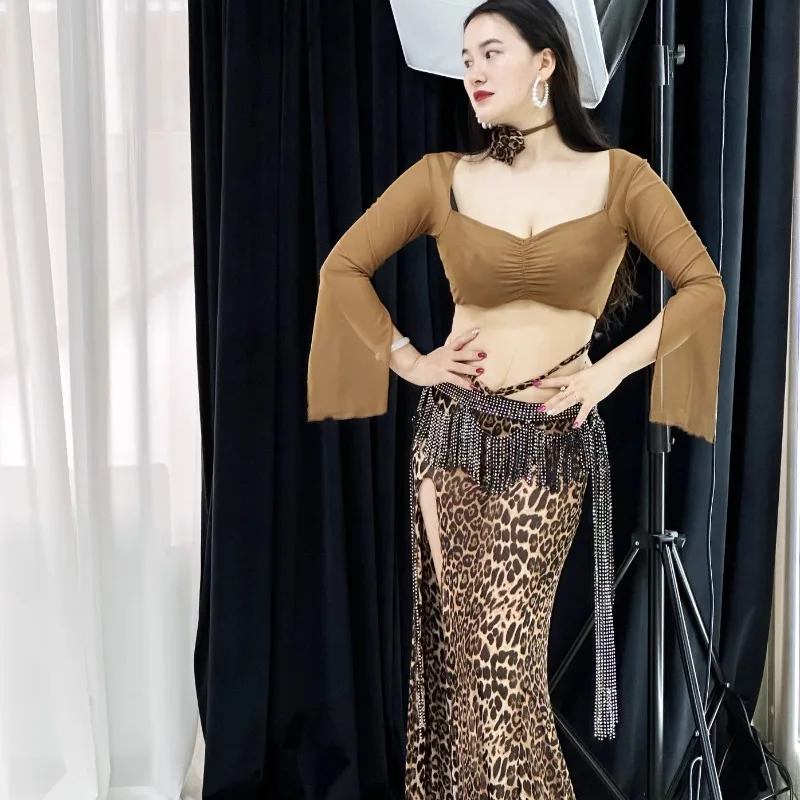 Customized Belly Dance Costumes Set Performance Dress Sexy Temperament Practice Dress Leopard Pattern Tassel Belly Dancewear - Image 3